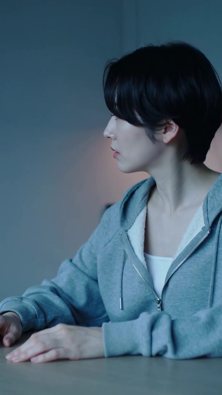 縦型動画：灰色のパーカーと白いキャミソールを着た女性が、外の音に気づき振り向き、部屋のテーブルを見ている。