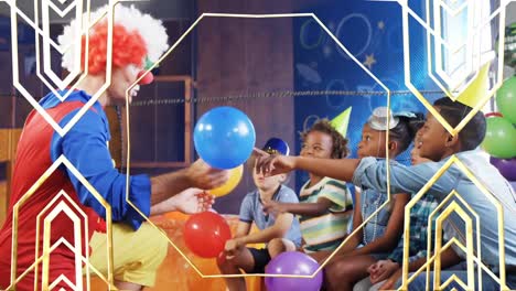 Animation-of-gold-shapes-over-clown-and-children-having-fun-at-party