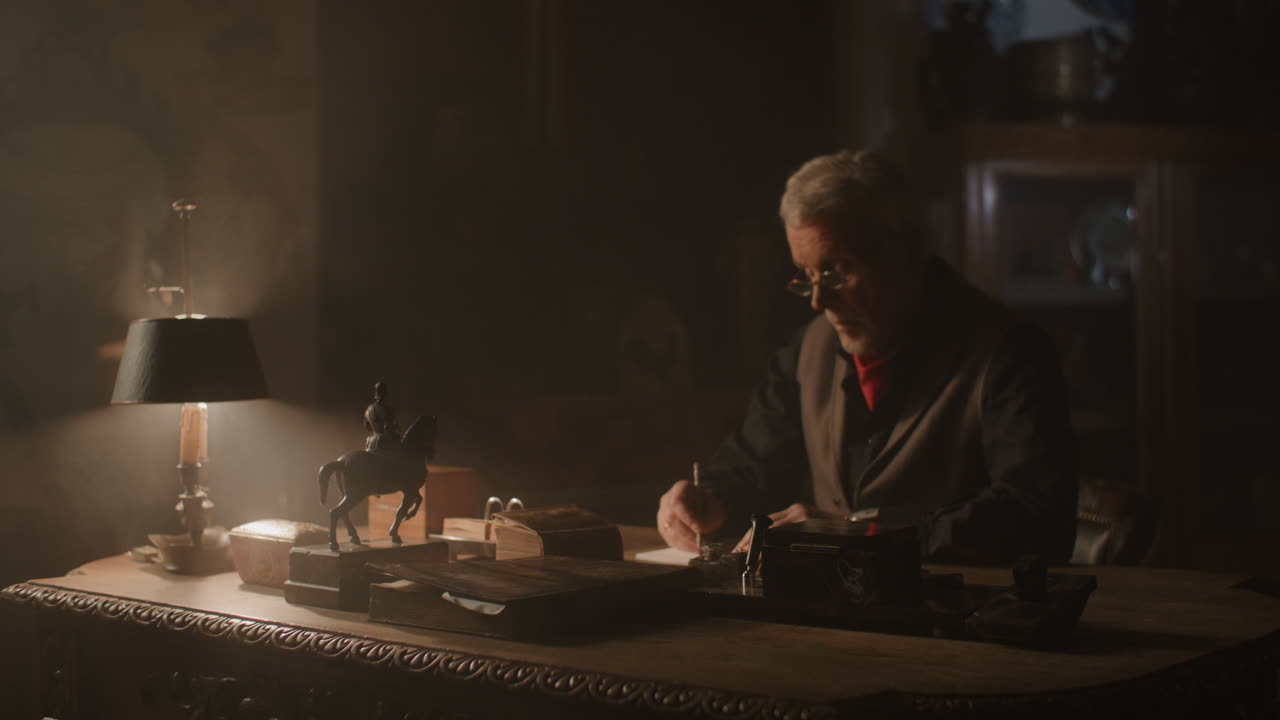 Old passionate man writes down a note in his office at night