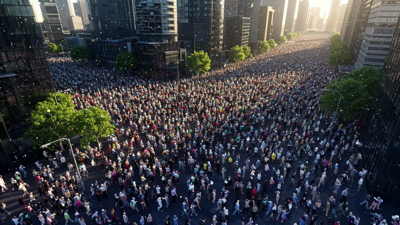 A large and diverse crowd gathers in the lively city streets for a public event, basking in the warm glow of sunset