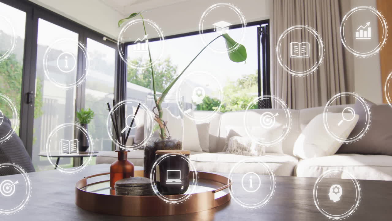 Animation of digital icons floating in modern living room with large windows