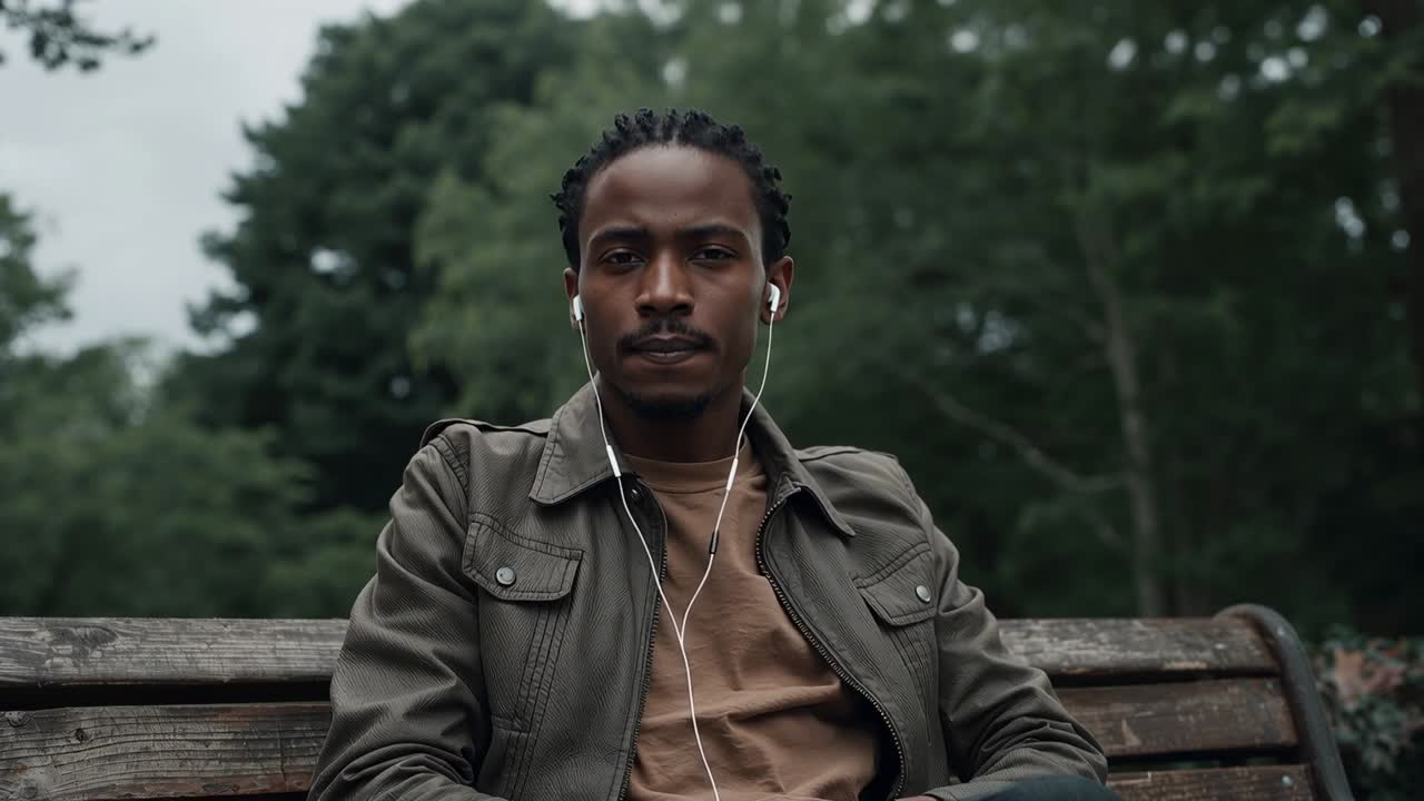 Vertikal video: Telefonen summer, mand sidder op, kigger frem på bænk i parken, med hørepropper og olivengrøn jakke.