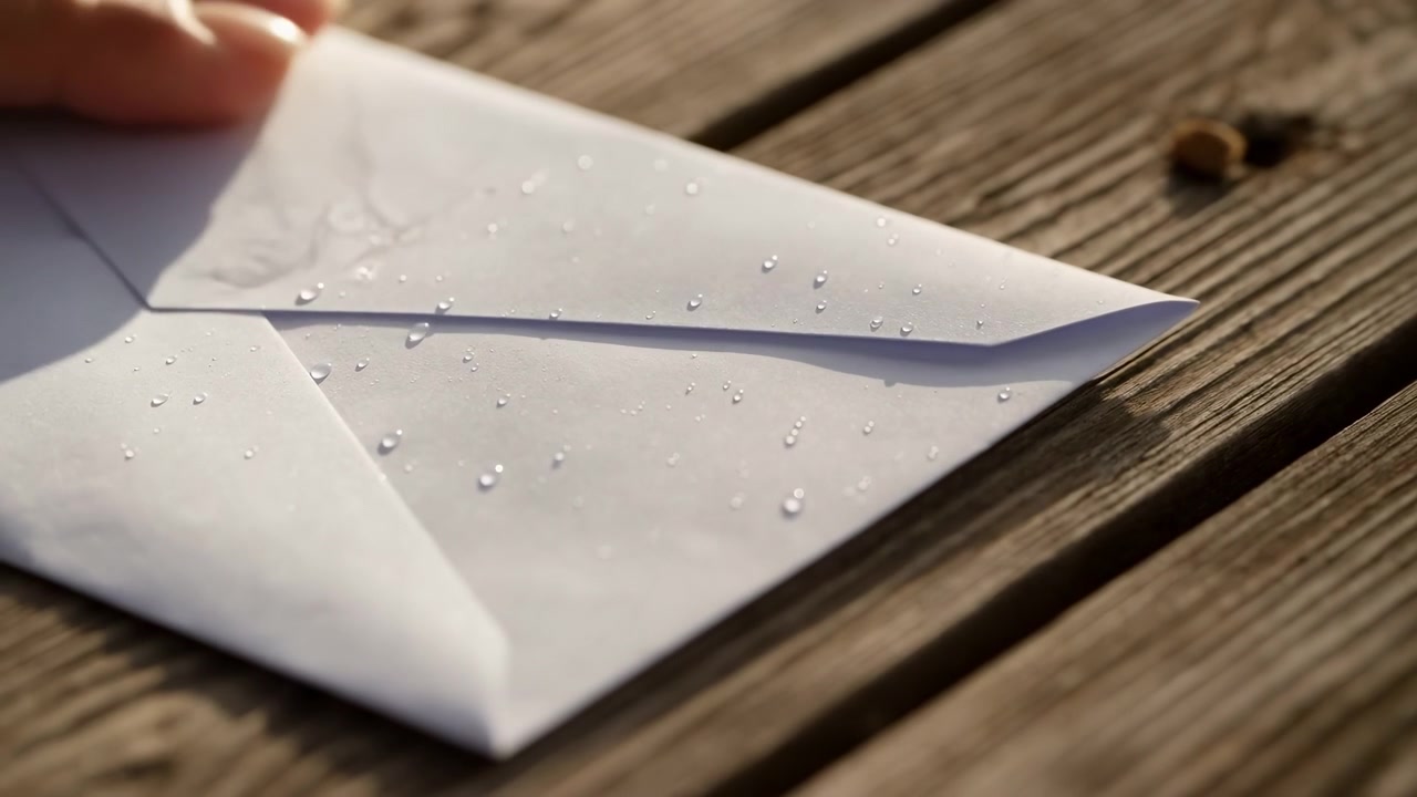 La mano di una persona piega meticolosamente una busta di carta bianca passo dopo passo su una superficie di tavolo in legno, ripresa da una prospettiva didattica dall'alto. Questa scena neutra e pulita è ideale.