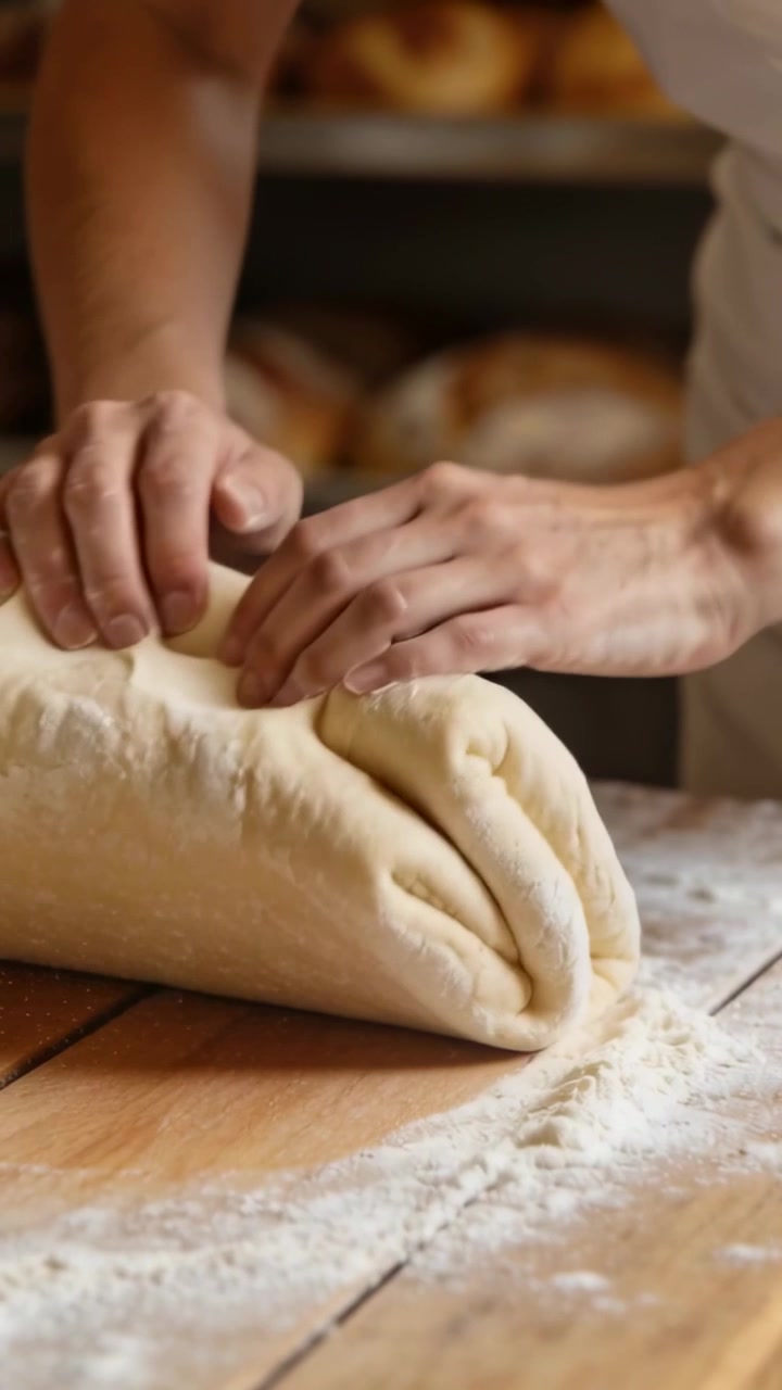 Vertical video: Placing dough baker's hands pressing pastry on floury bench in apron shaping layers