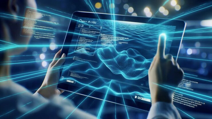 Person Interacting with Futuristic Data Visualization on a Tablet