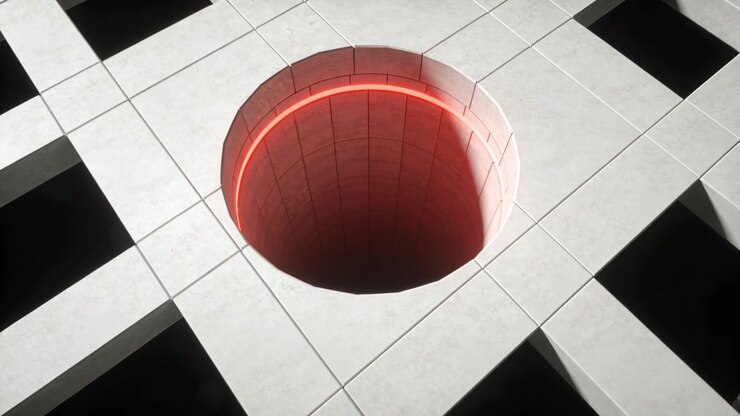 Camera closing, rotating, revealing central circular well on white grid, red rim, square recesses