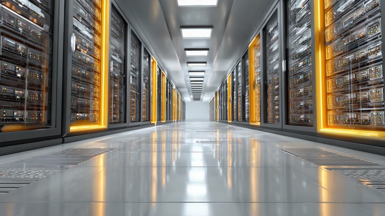 A Stunning Look Inside a Modern Data Center Featuring Rows of High-Tech Server Racks and Advanced Cooling Systems in a Spacious, Brightly Lit Environment
