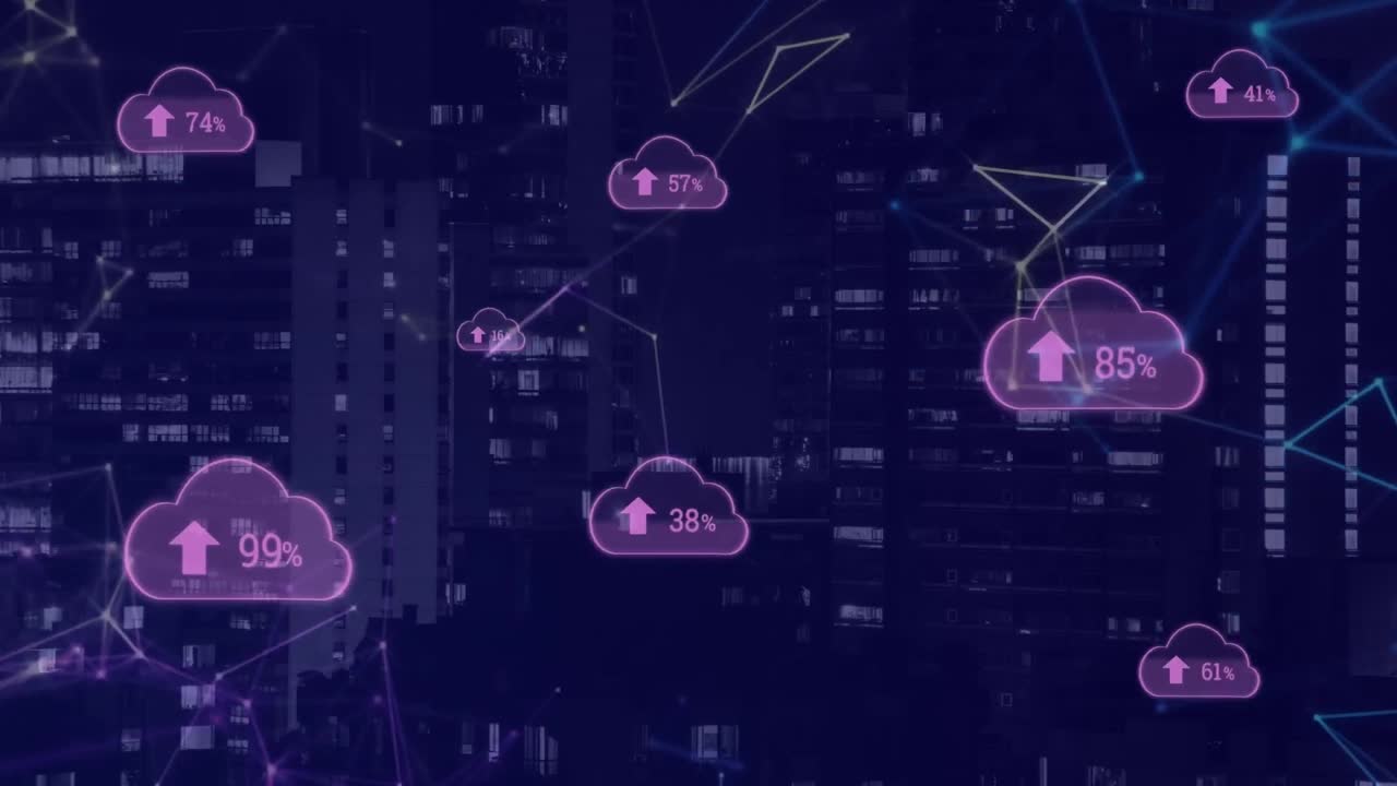 Animation of network of connections with icons over cityscape