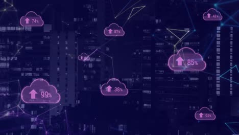 Animation-of-network-of-connections-with-icons-over-cityscape