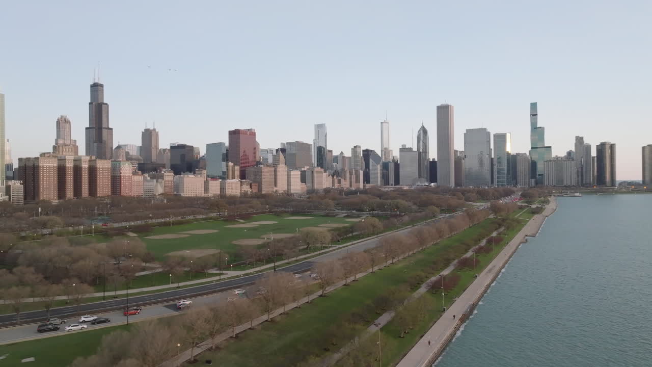 Aerial view of the Chicago Loop and Millennium Park on a spring morning.