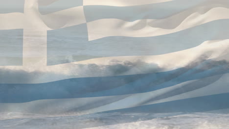 digital composition of waving greece flag against waves in the sea