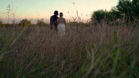 bride and groom walk through field at sunset