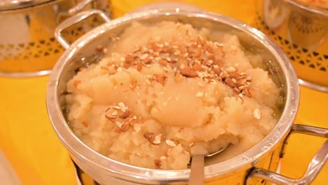 Close-Up-Shot-Of-Well-Garnished-Street-Food-Sweet-Dish-Displayed--Asian-Halwa