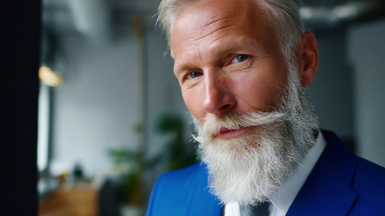 Selvsikker forretningsmand med et markant skæg i et moderne kontormiljø, der udstråler professionalisme og stil med et dybt, eftertænksomt blik