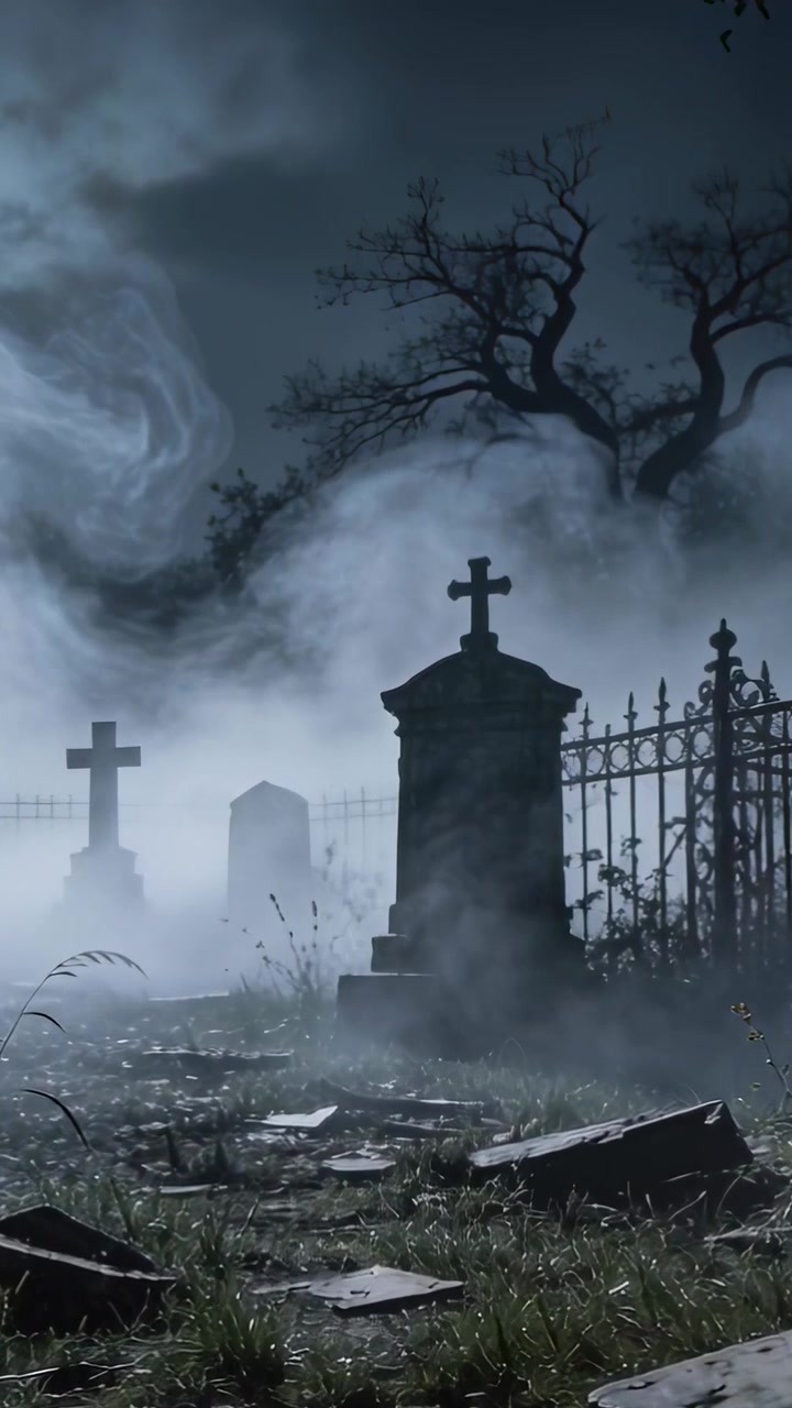 Video verticale: Brezza che muove la nebbia, rivelando una lapide sormontata da una croce in un cimitero illuminato dalla luna
