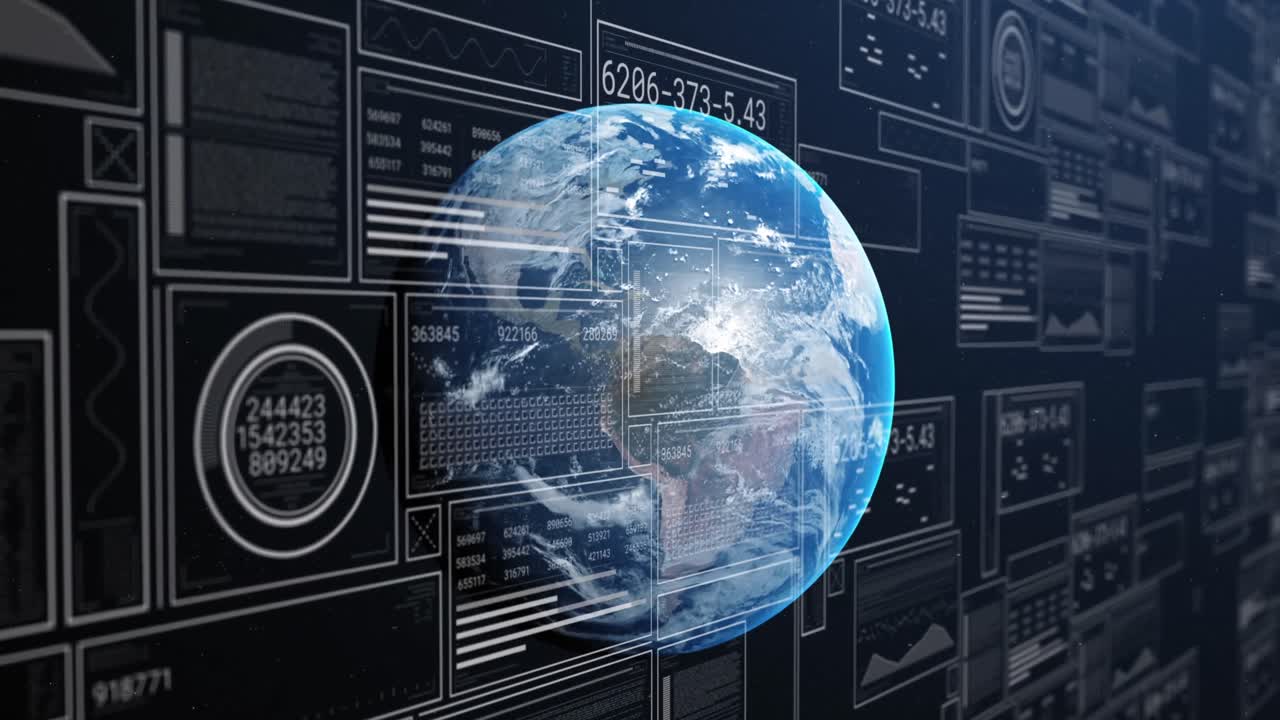 다중 그래프, 로딩 서클 및 바의 애니메이션으로 회전하는 지구상에서 변하는 숫자를 나타니다.