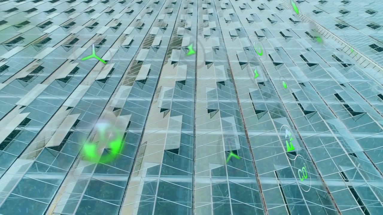 Bagliore verde tenue che fa apparire icone fluttuanti su una facciata di vetro, visualizzando metriche energetiche.