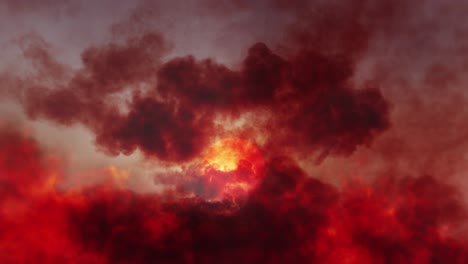 flying through high altitude clouds with orange red sunset, seamless looping repeating time lapse background