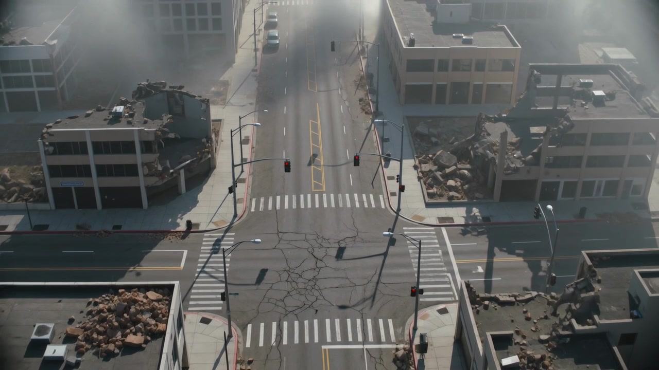 Walking solitary figure moving along cracked crosswalk after collapse, seeking safety, in dark coat