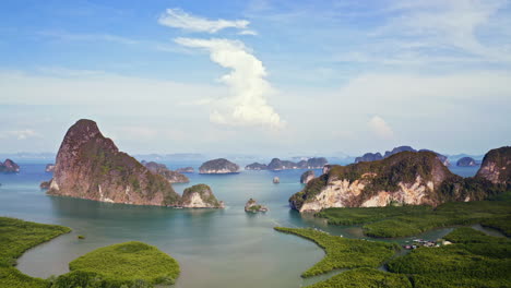 strong rock formation and little islands, panoramic top view aerial