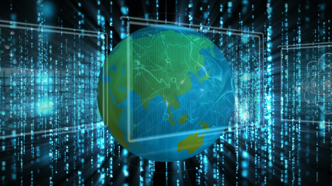 Animation of globe and network of connections over data processing on screens