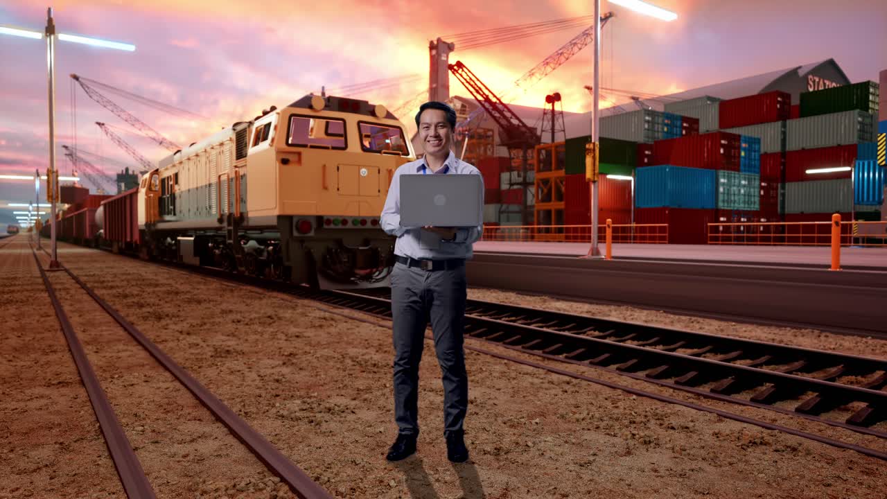 Full Body Of An Asian Male Professional Worker Standing With His Laptop With Freight Cargo Train At Port, He Is Looking At The Camera With A Smile