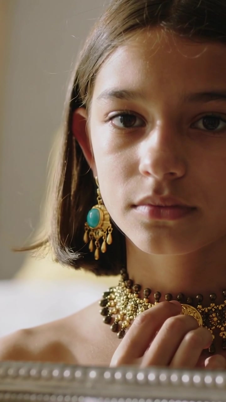 Video verticale: Adolescente che si sistema, tenendo un ciondolo girocollo d'oro riflessa nello specchio, cercando calma.