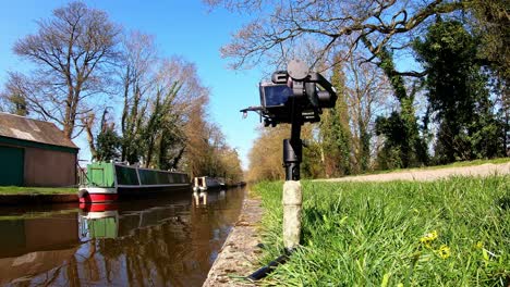 Time-lapse-of-a-camera-capturing-footage-and-photo's-by-the-famous-Llangollen-canal-route-next-to-Pontcysyllte-Aqueduct-in-Wrexham,-in-the-gorgeous-area-of-Wales-designed-by-Thomas-Telford