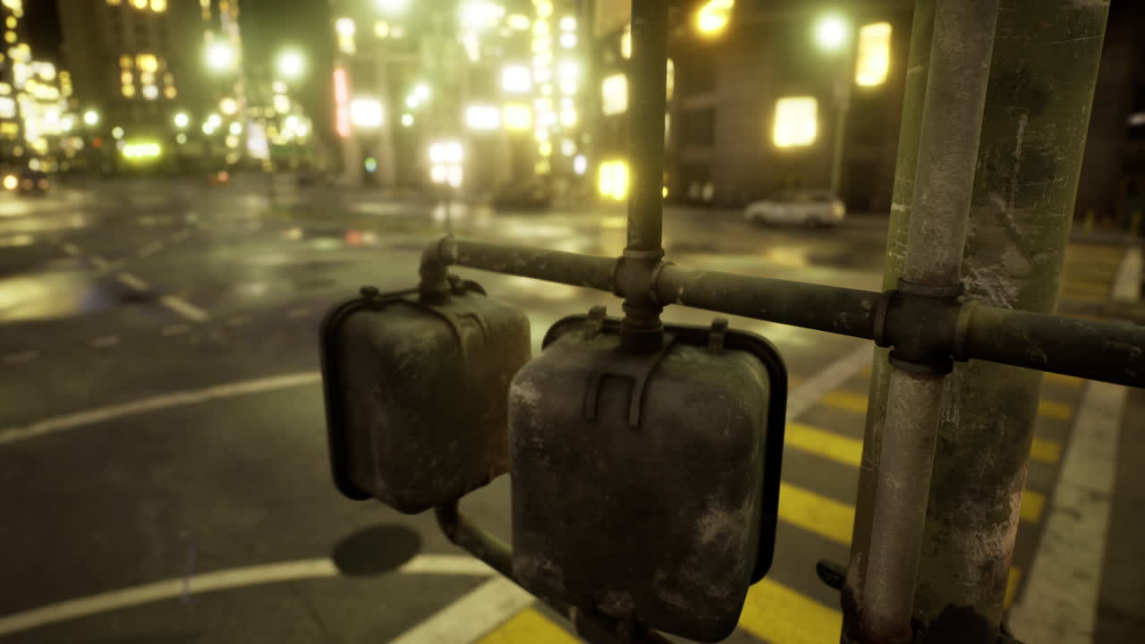 Old traffic signal glowing softly in the quiet city street at night