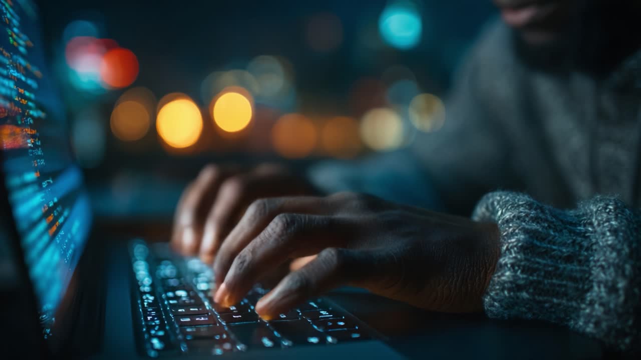 An Engaged Programmer Skillfully Typing Code on a Laptop in a Modern Urban Environment, with Dynamic Bokeh Effects Creating a Stylish Evening Ambiance