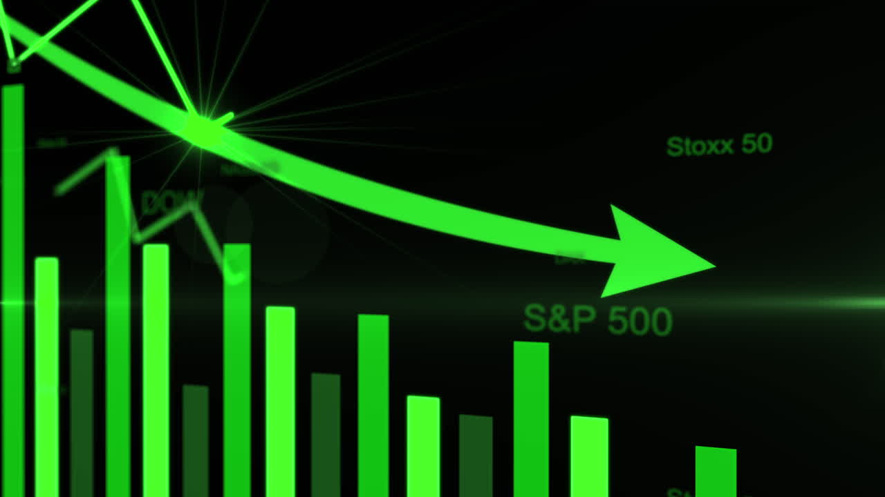 mercato azionario con grafici in caduta.grafici a barre decrescenti con freccia futuristica