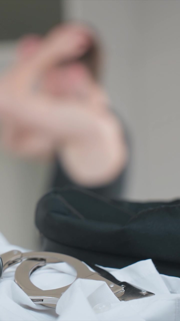 Close up of handcuffs and knife on white fabric. Handcuffs metallic open position black object possibly bag nearby. Blurred figure seated or lying down behind objects indoors