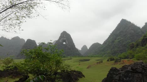 flying over green scenery at angel eye mountain vietnam in the background, aerial