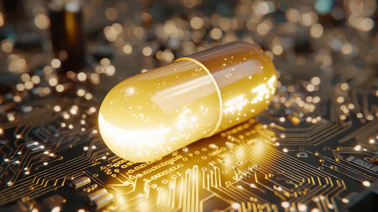 Una capsula scintillante su un circuito stampato: Esplorando l'intersezione tra tecnologia e medicina in un paesaggio digitale futuristico.