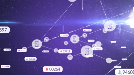 animating network connections and notifications over digital devices on purple background