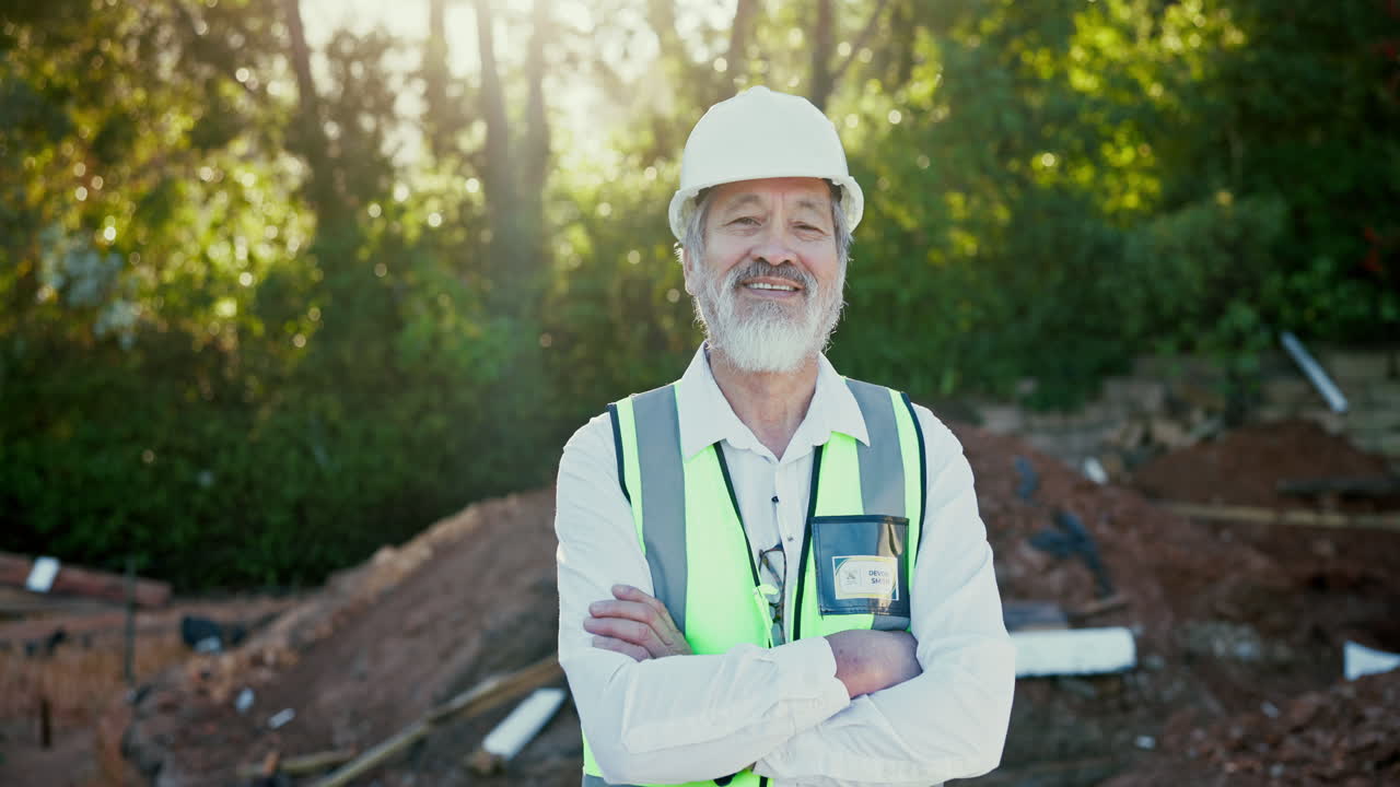 Construction worker with hard hat and safety vest on site