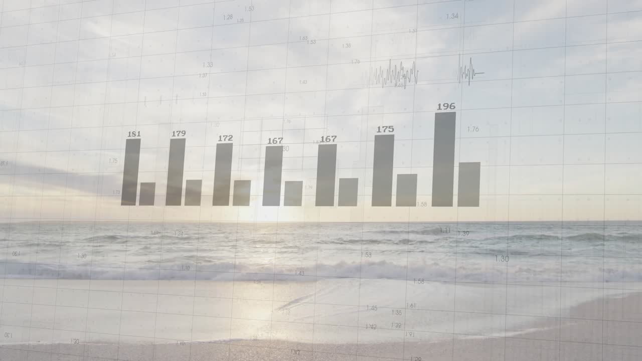 Translucent business chart fading in over sunrise beach, bars animating upward, showing data trends