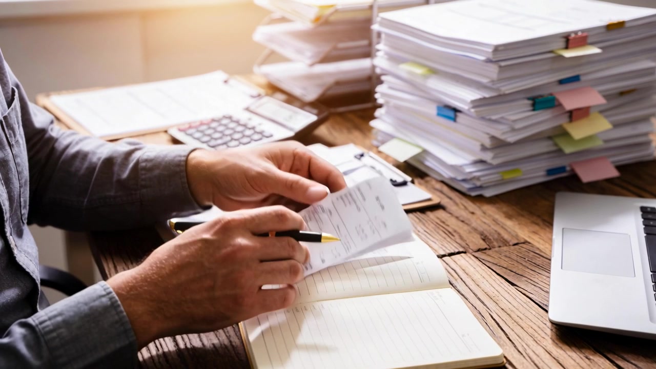 Starting with receipt, man in button shirt reconciling expenses using notebook at desk, copy space