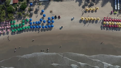 AERIAL---Parasols-and-people-on-Genipabu-beach,-Brazil,-top-down-descending-shot