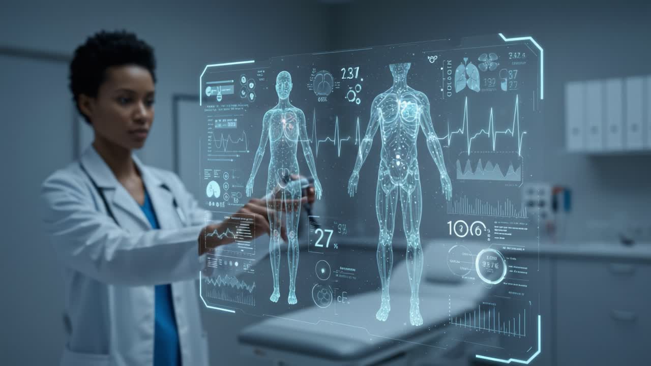 A Medical Professional Analyzing Advanced Health Data on a Holographic Display in a Modern Clinic, Showcasing Human Body Metrics and Vital Signs