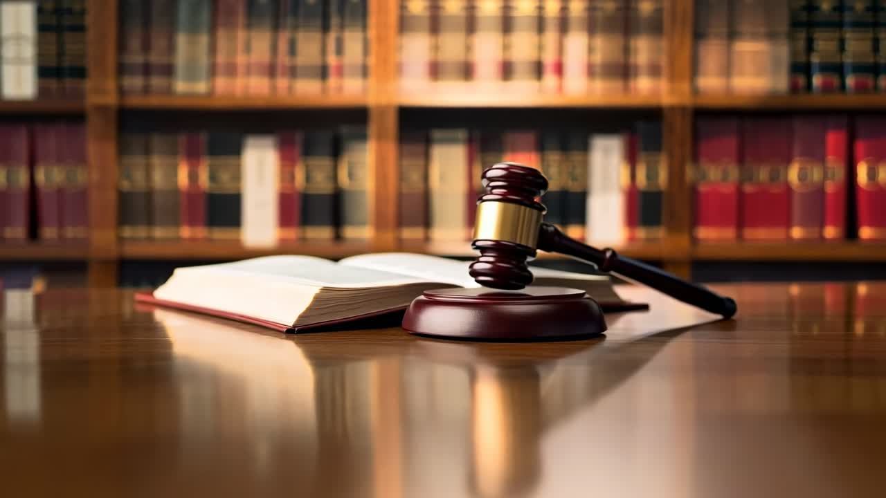 A low-angle shot of a gavel and open book on a polished table, set against a backdrop of law books