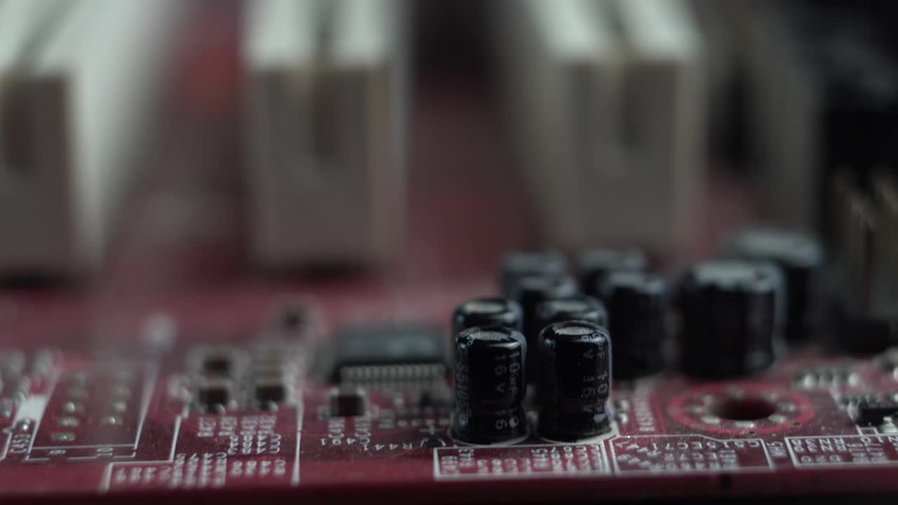 PCI Slots and Electronic Components of Computer Motherboard. Macro Close Up