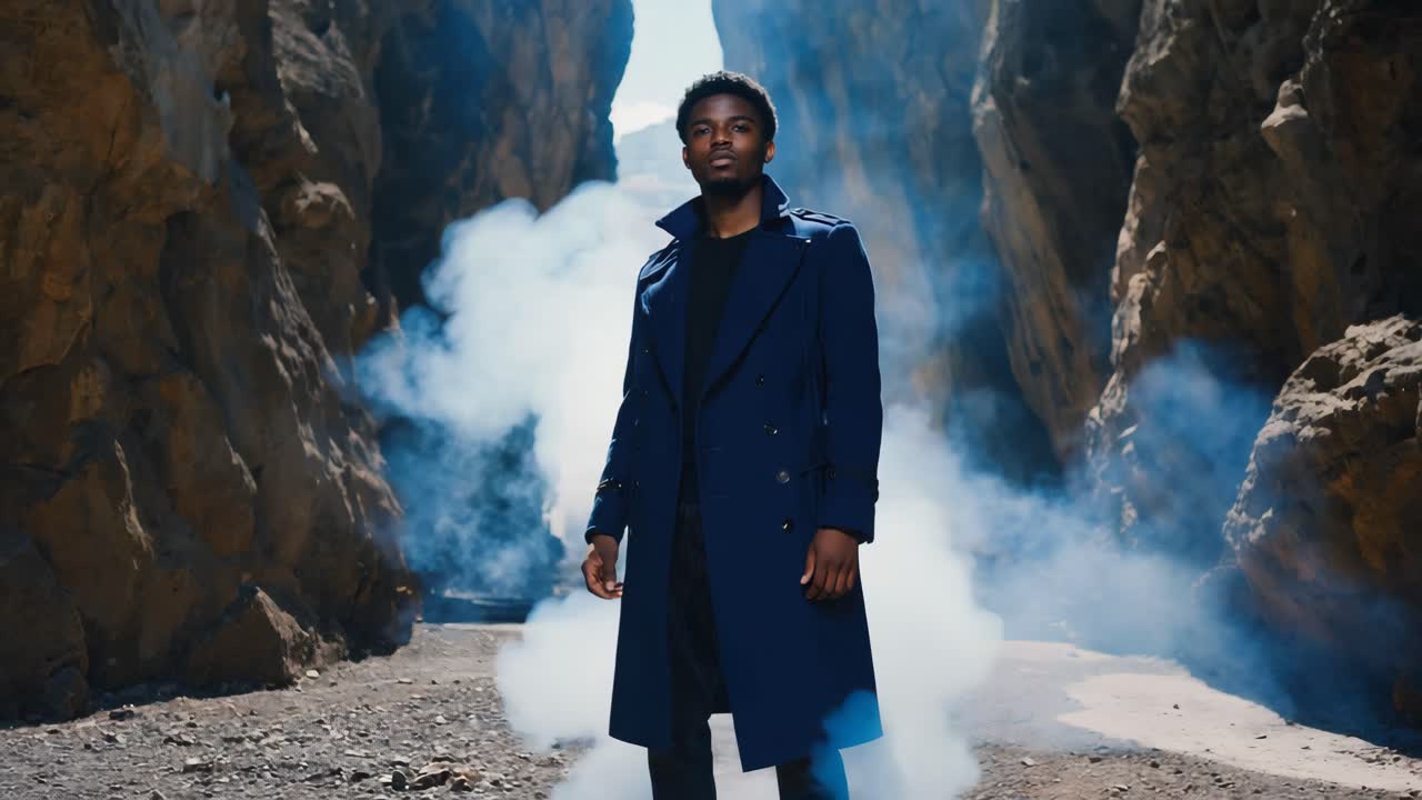 Man in Trench Coat in Canyon with Smoke