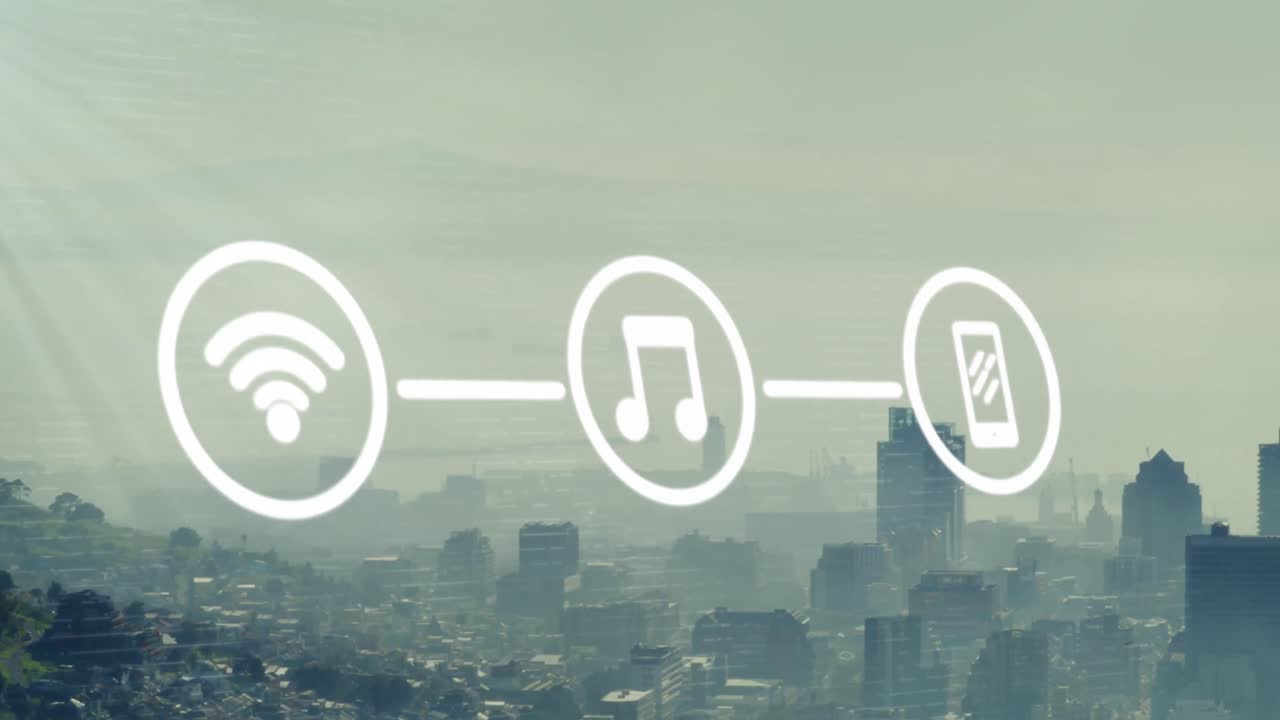 Animazione di numeri che cambiano e elaborazione dati su paesaggio urbano
