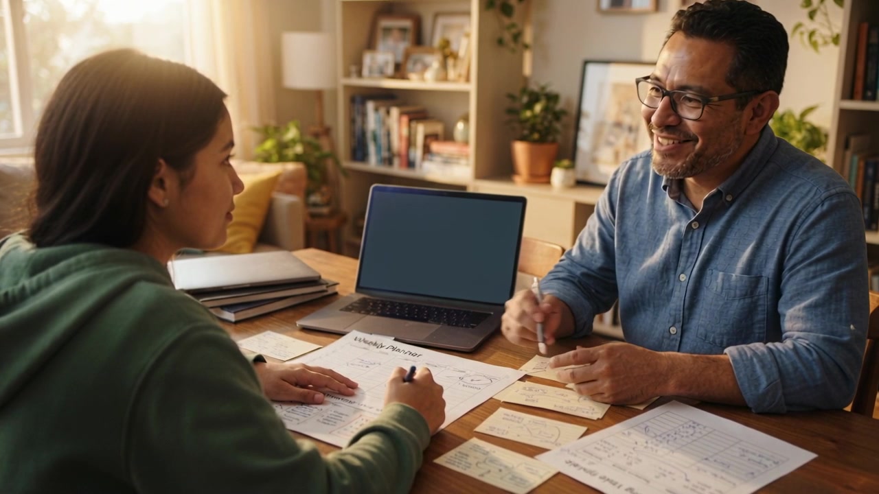 Pointing father in blue shirt helping daughter in green hoodie writing homework at home with laptop