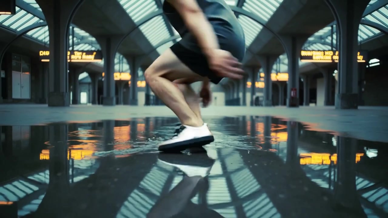 Ballerino maschio che inizia l'allenamento, scivolate pivotanti su pavimento bagnato e riflettente, in pantaloncini scuri e scarpe metalliche.