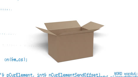 animación del procesamiento de datos sobre la apertura de una caja de cartón sobre fondo blanco