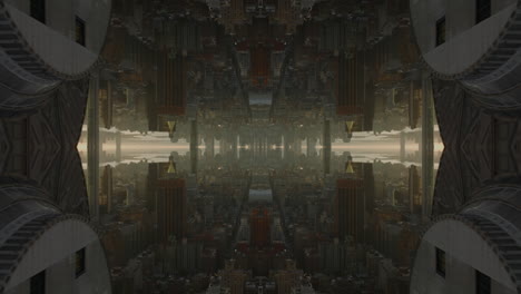 Forwards-fly-between-buildings-and-revealing-panoramic-view-of-urban-borough-at-sunset.-Abstract-computer-effect-digital-composed-footage.