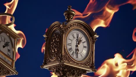reloj dorado ornamentado ardiendo contra un fondo azul, superficie dorada derritiéndose bajo llamas intensas, simbolizando la naturaleza fugaz del tiempo y el paso destructivo de los momentos