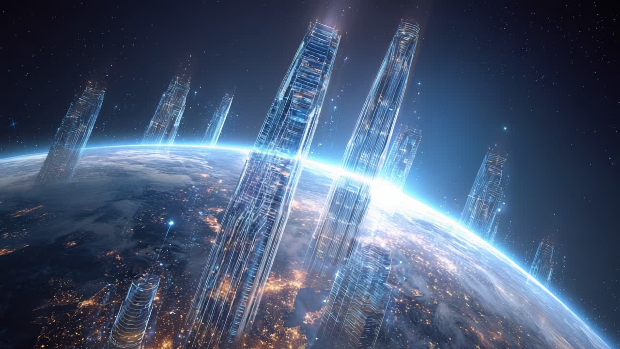 Planet Earth viewed from space with a vast network of futuristic skyscrapers reaching into the stars, representing an advanced civilization, global connectivity, and technological progress